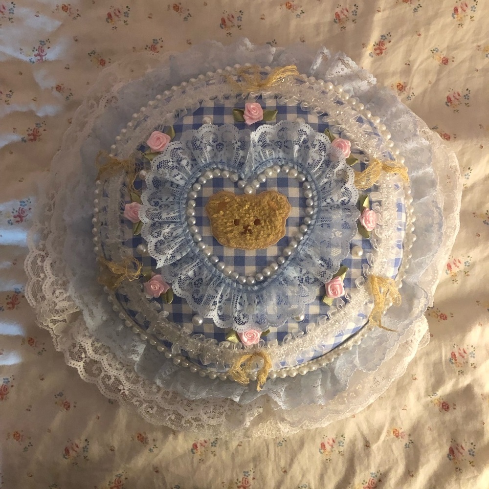 Handmade Blue Gingham Ruffle Heart Pillow with Bear Design